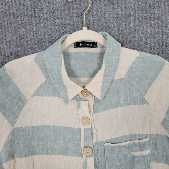 J ROBERTS Blue Beige Striped Linen Cotton Coconut Button Top SIZE MEDIUM - Picture 3 of 8